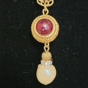 Vintage Givenchy Red Cabochon Pearl Drop Necklace Gold Tone Statement Pendant